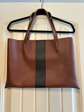 Vince Camuto Faux Leather Tote Bag in Brown with Black Stripe
